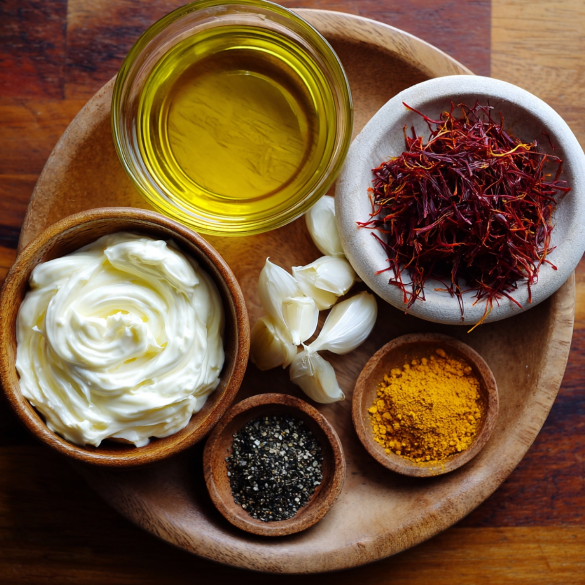 A base for the marinade, made with Greek yogurt, saffron threads, garlic, and spices, which will infuse the chicken with rich flavor.