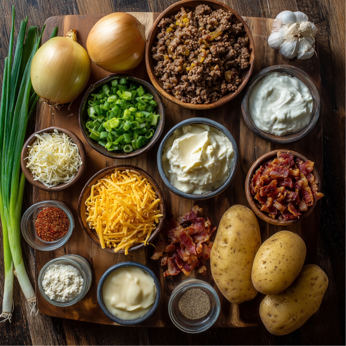 A rustic wooden board displays all the ingredients for a potato and hamburger casserole: whole potatoes, chopped green onions, yellow onions, garlic cloves, shredded cheddar and mozzarella cheese, cooked ground beef, crispy bacon pieces, sour cream, mayonnaise, and seasonings. Each ingredient is neatly arranged in small bowls for preparation.
