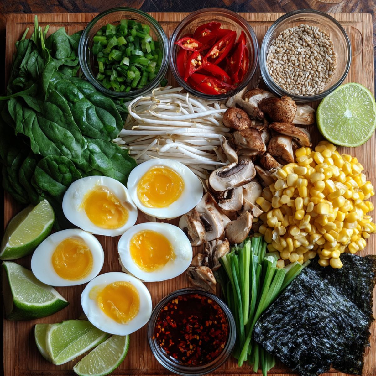 Soft-boiled eggs, mushrooms, and other ramen toppings arranged in bowls, ready to be added to ramen.
