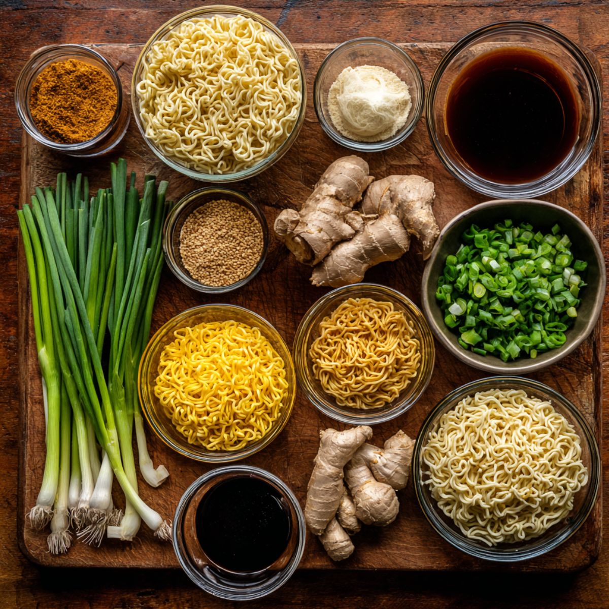 Fresh and dried ramen noodles are arranged in separate bowls, with other ingredients like seasonings and garnishes on display.