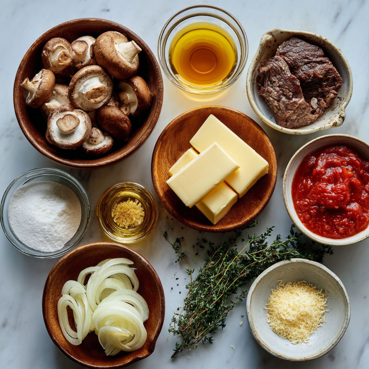 Here, various ingredients for a Salisbury steak recipe are shown, including mushrooms, butter, beef, onions, and a jar of tomato sauce, with thyme and seasonings. These will likely be cooked and mixed to form a flavorful base for the dish.