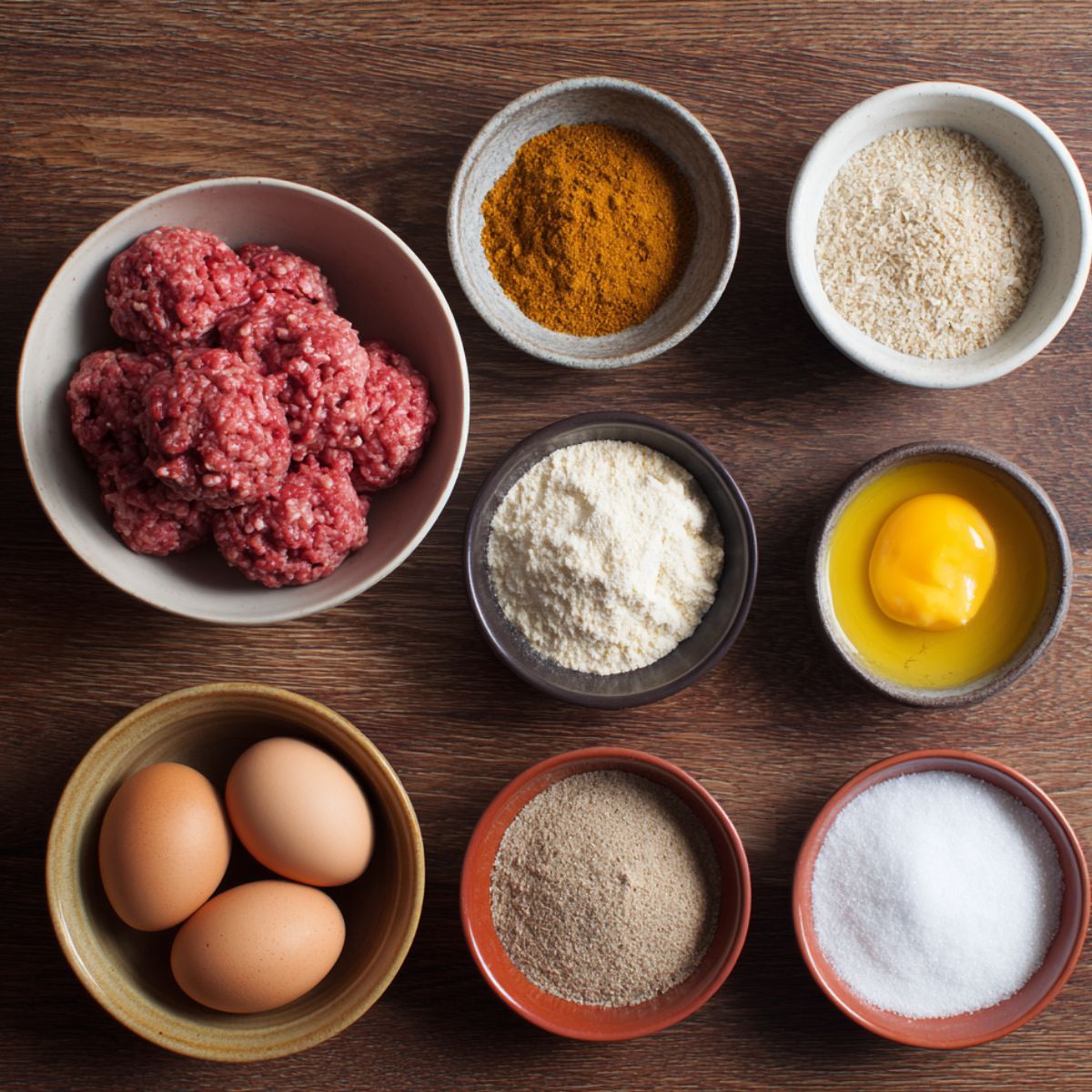 This image captures the ingredients for a Salisbury steak recipe, with bowls of ground beef, breadcrumbs, flour, and eggs, as well as seasonings like curry powder and salt. The ingredients are laid out and ready for the patty-making process.