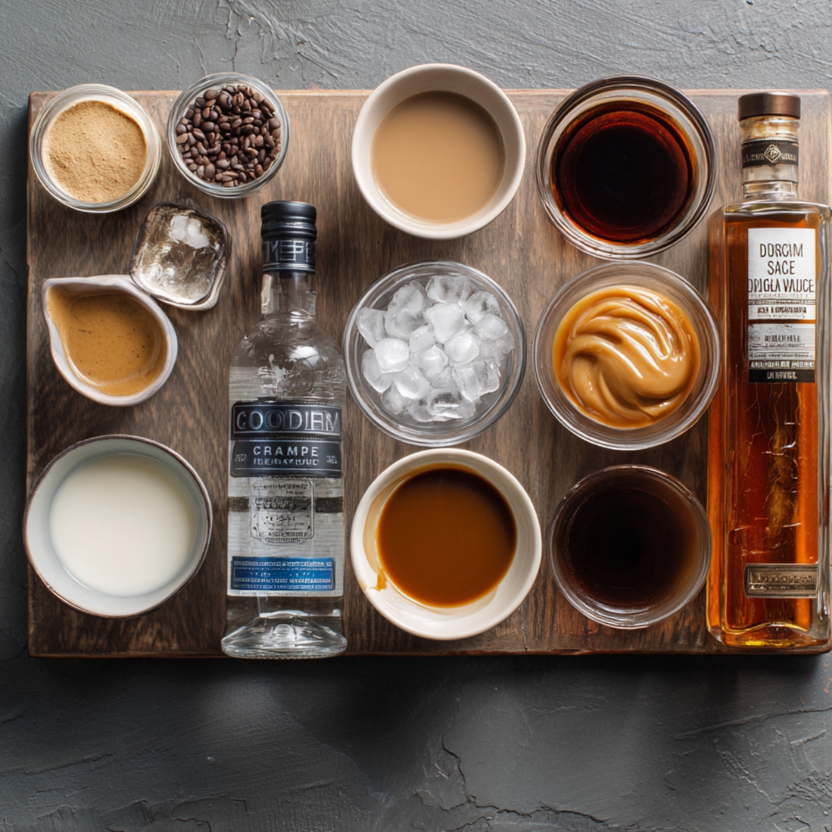 Top-down view of ingredients for a salted caramel espresso martini, including vodka, coffee liqueur, caramel sauce, espresso, milk, and ice arranged on a wooden board.
