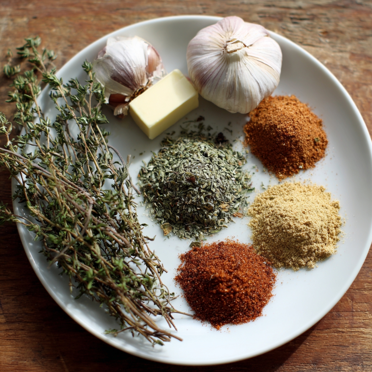 White plate with an assortment of spices for scrapple — dried thyme, ground sage, garlic, paprika, black pepper, and butter — arranged neatly beside fresh garlic bulbs.