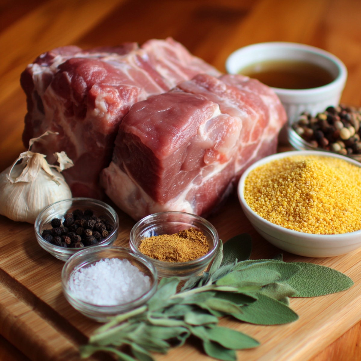 Raw pork shoulder with bowls of cornmeal, garlic, black pepper, salt, sage, and spices on a wooden board, ready for scrapple preparation.