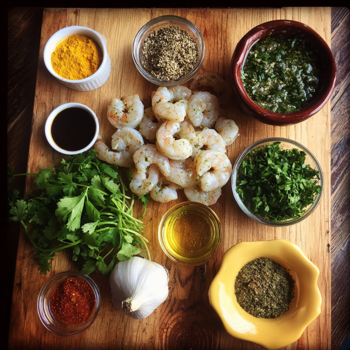 Fresh green plantains, garlic, and other seasonings, probably for a plantain-based dish.