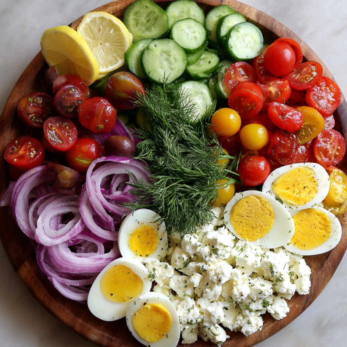 Colorful platter of fresh ingredients including cherry tomatoes, cucumbers, red onions, boiled eggs, feta cheese, lemon slices, and dill.