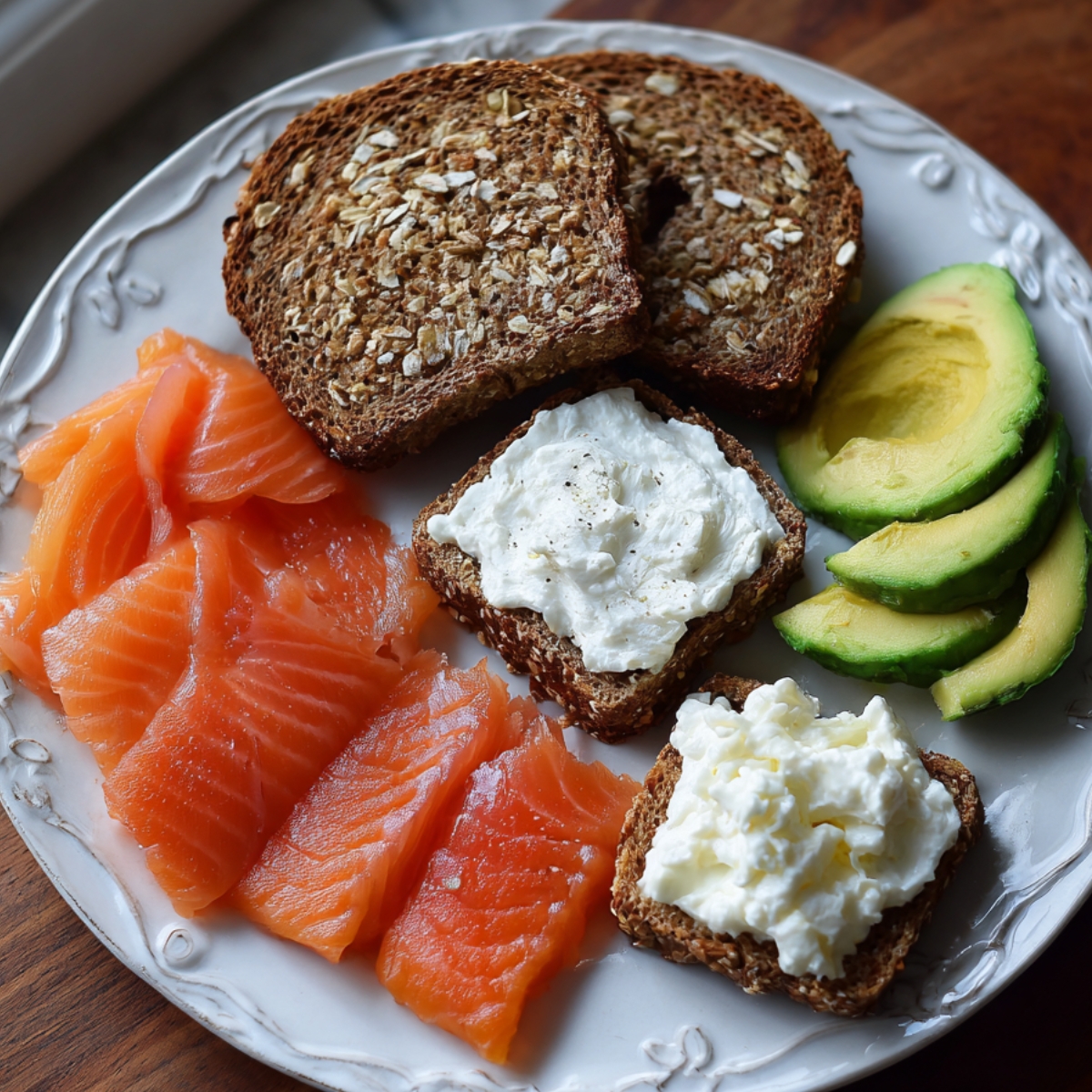 A breakfast plate with smoked salmon slices, avocado wedges, whole grain toast, and cottage cheese spread on a rustic wooden board.