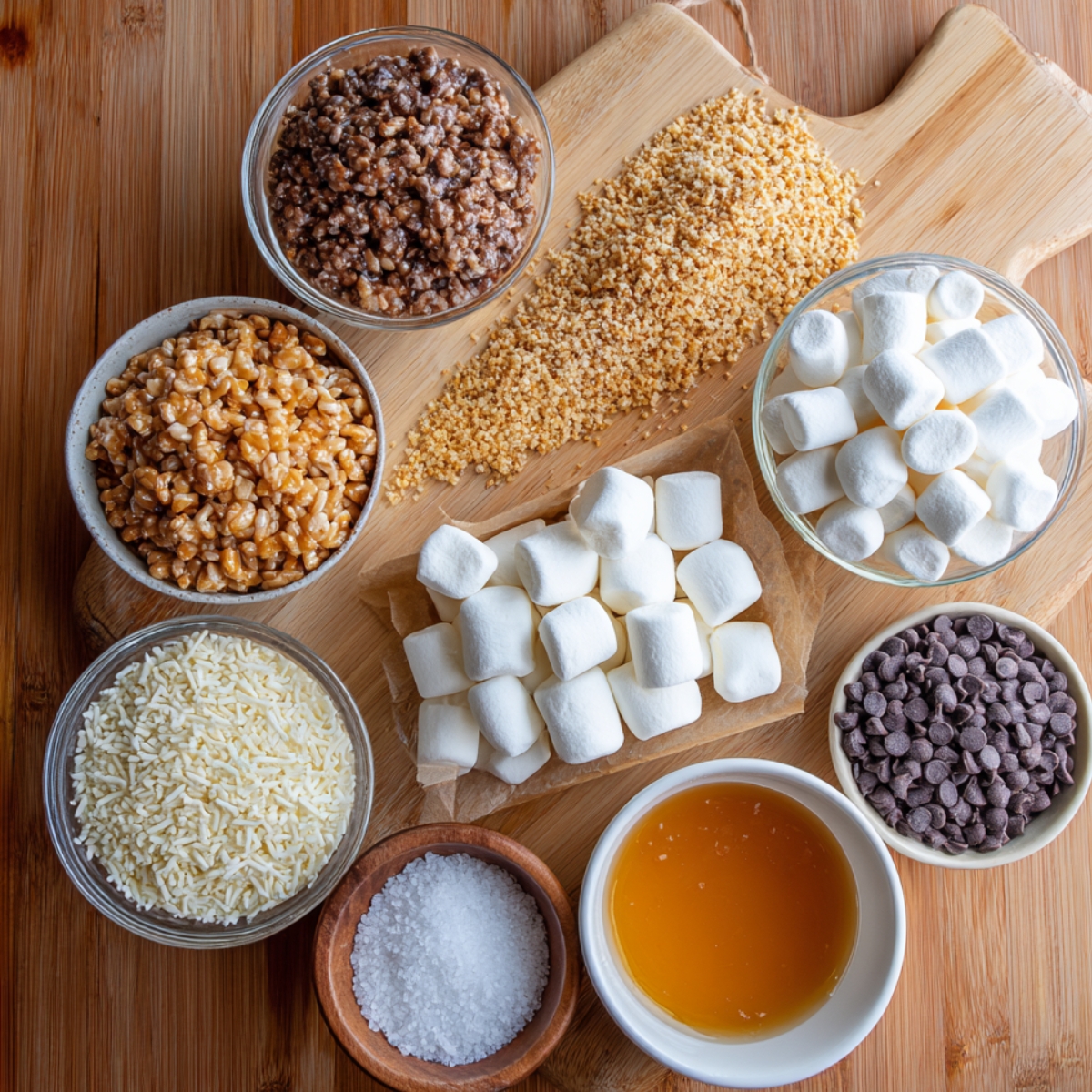 Various ingredients for a recipe are laid out on a wooden board: Rice Krispies, mini marshmallows, chocolate chips, caramel sauce, salt, and butter.
