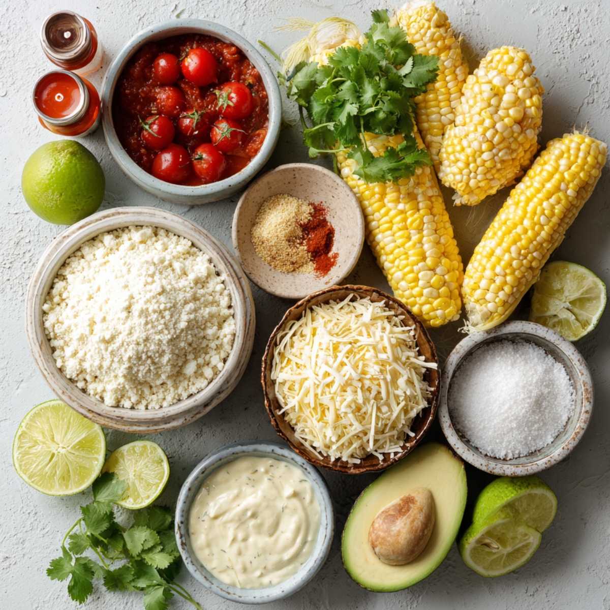 Assorted ingredients for street corn including corn cobs, Cotija cheese, shredded cheese, avocado, limes, cilantro, spices, and sauce bowls