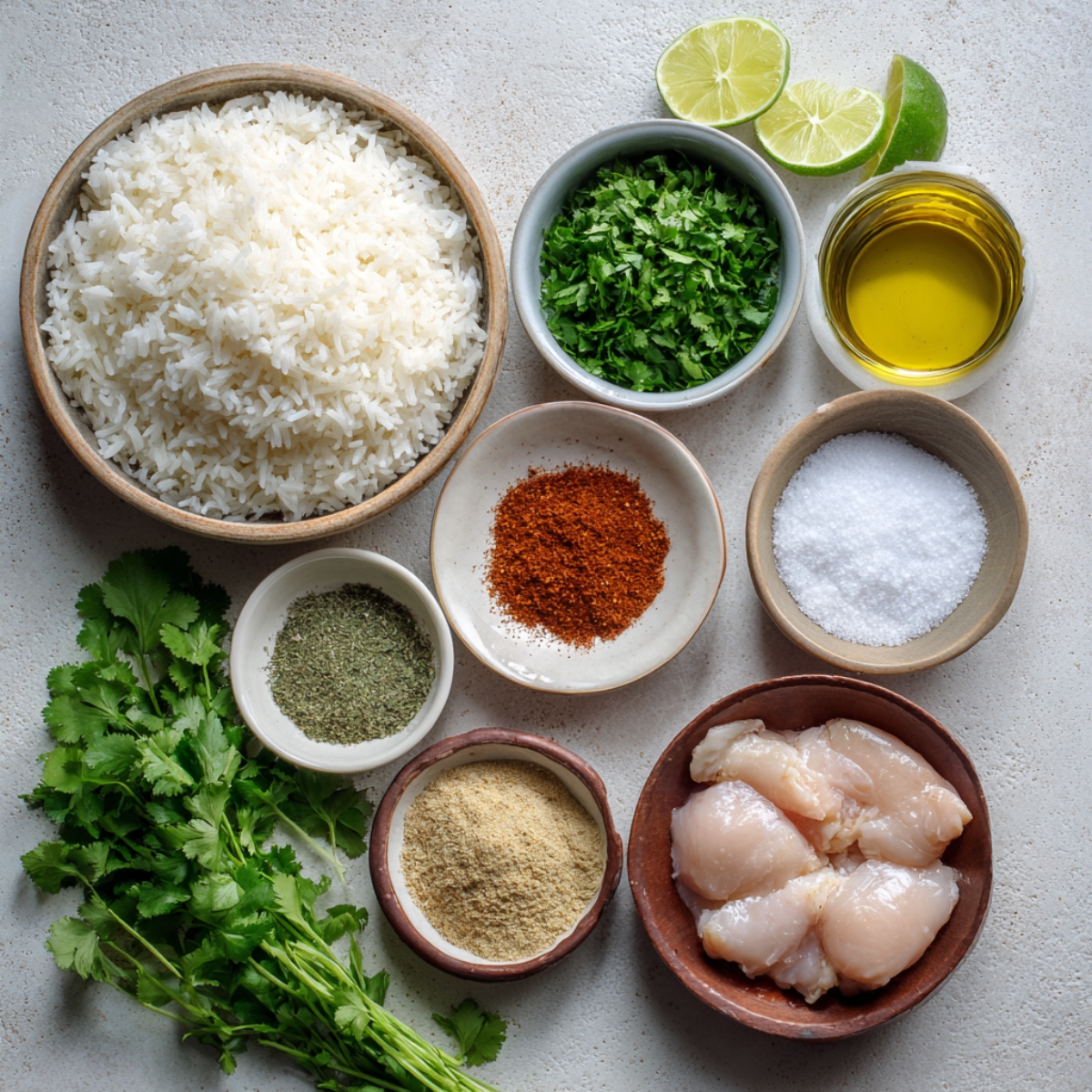 Ingredients for a chicken and rice dish arranged neatly: cooked white rice, raw chicken pieces, cilantro, spices, lime, and olive oil.