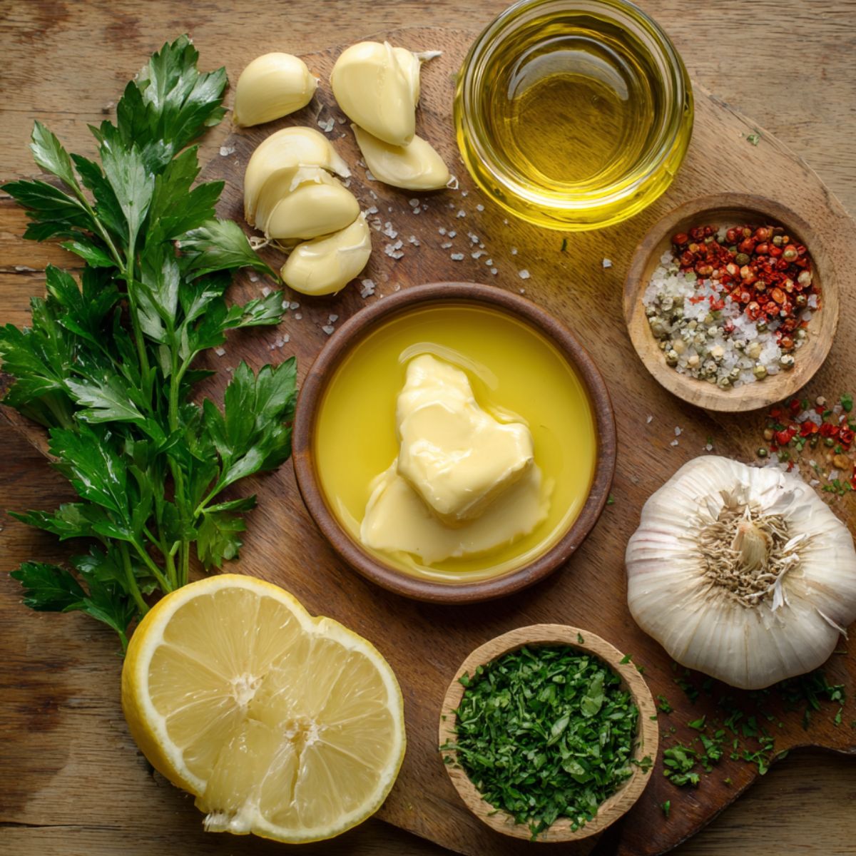 A collection of ingredients such as lemon wedges, parsley, garlic, olive oil, butter, and seasoning, likely for cooking or garnishing the fish.
