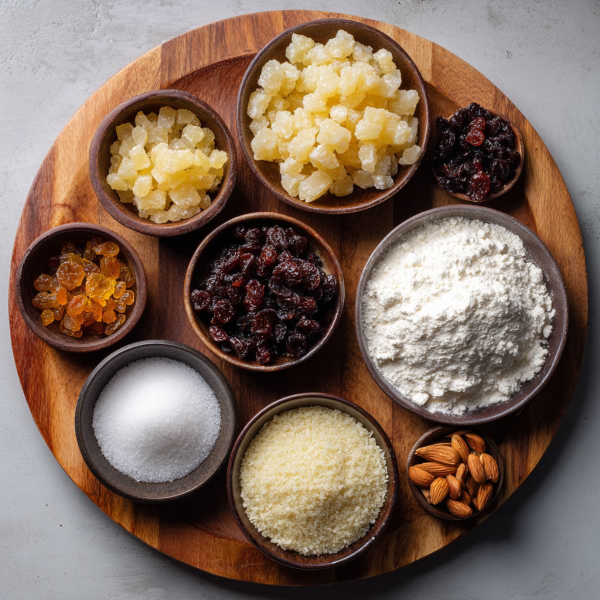 A wooden board with bowls of dried fruits, candied peel, raisins, almonds, sugar, and flour arranged neatly.