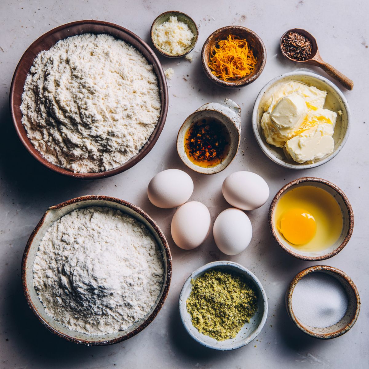 Ingredients for Stollen laid out on a countertop — flour, eggs, butter, sugar, citrus zest, and spices.