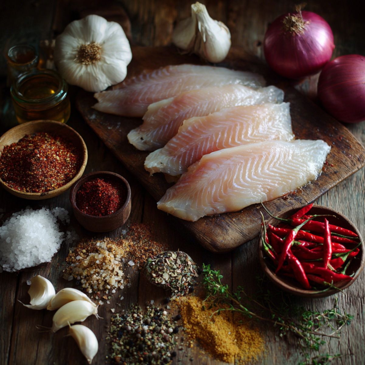 Raw tilapia fillets are seasoned with salt, black pepper, and garlic, showing them ready for cooking in a pan or grill.