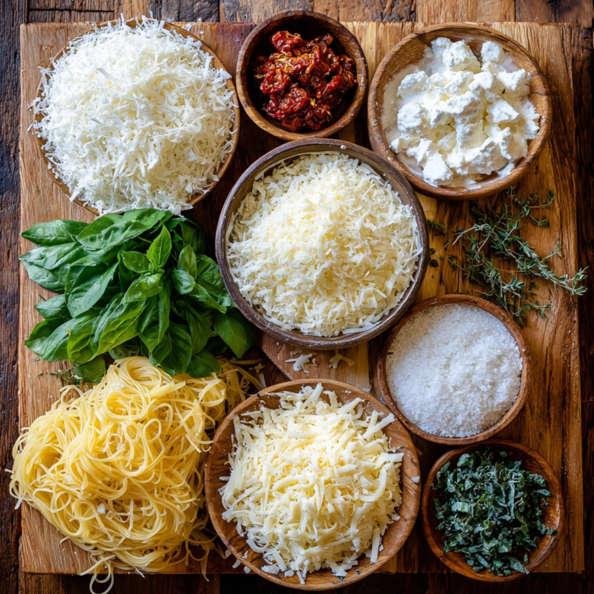 A wooden board displaying lasagna ingredients: shredded cheeses, fresh basil, sun-dried tomatoes, ricotta, herbs, and uncooked pasta nests.