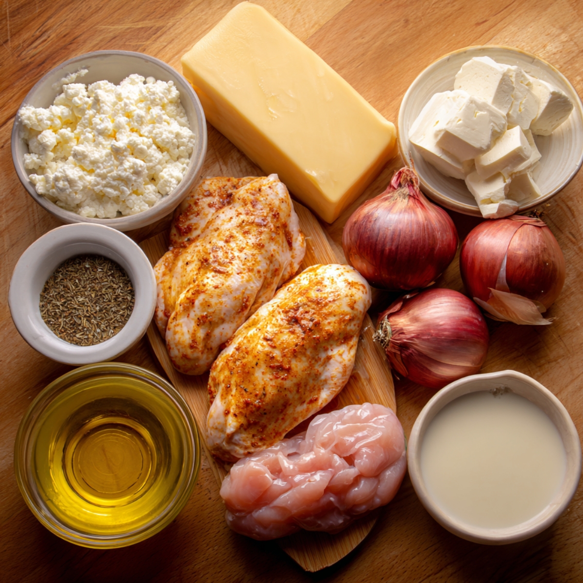 A wooden surface with lasagna soup ingredients including seasoned chicken breasts, onions, olive oil, milk, feta, ricotta, and a block of cheese.