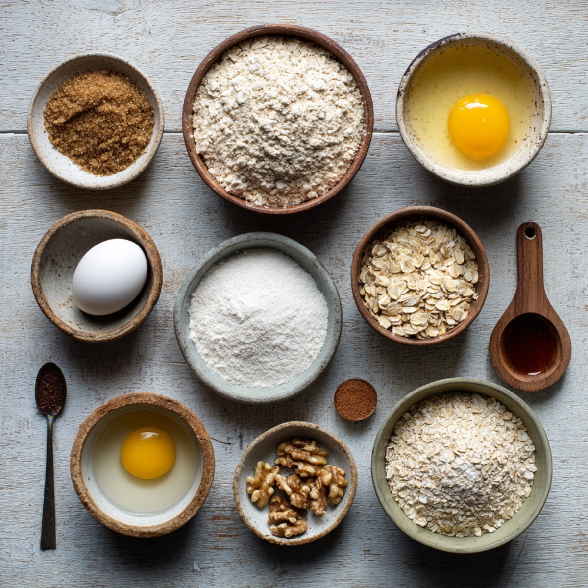 Flat lay of baking ingredients — oats, flour, sugar, eggs, walnuts, and honey arranged neatly in rustic ceramic bowls.
