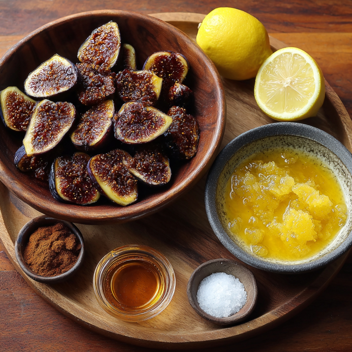 Fresh figs, lemon, melted butter, honey, salt, and cinnamon beautifully arranged on a wooden tray for fig bar filling.