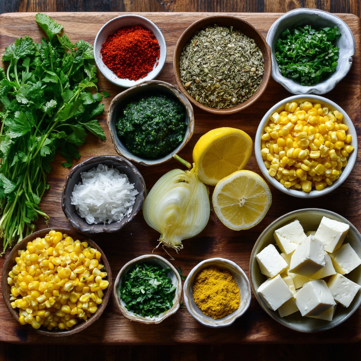 An arrangement of ingredients for a recipe, including fresh herbs (cilantro), spices (chili powder, cumin, etc.), corn, butter, and other elements that would go into a flavorful rice dish.