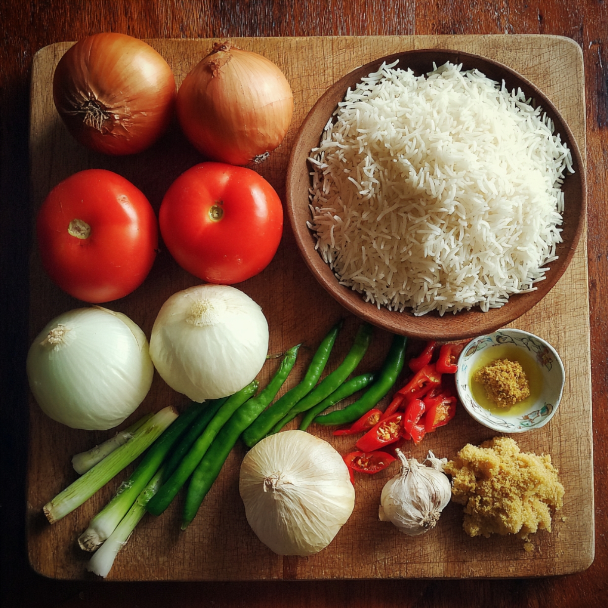 A variety of vegetables, including onions, tomatoes, green chilies, garlic, and basmati rice, indicating preparations for a flavorful rice or pulao.