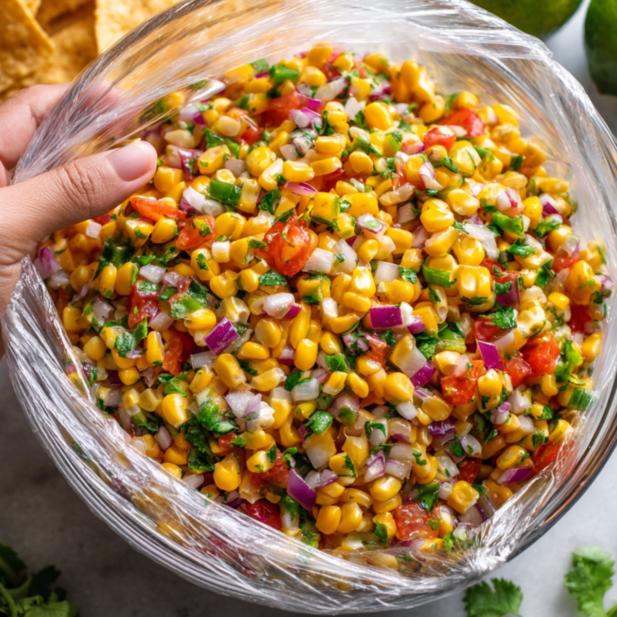 A hand lifting plastic wrap from a large glass bowl filled with colorful corn salsa made of yellow corn, red onion, tomatoes, jalapeño, cilantro, and lime. Tortilla chips and fresh limes are visible in the background.
