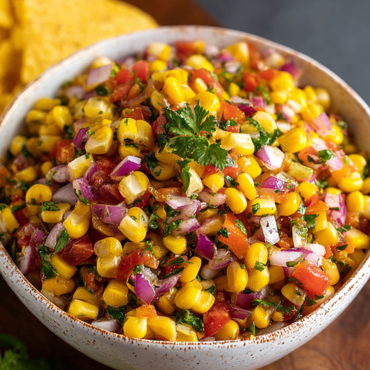 A bowl of vibrant corn salsa filled with yellow corn, diced tomatoes, chopped red onion, cilantro, and jalapeño, garnished with fresh cilantro leaves, with tortilla chips in the background.