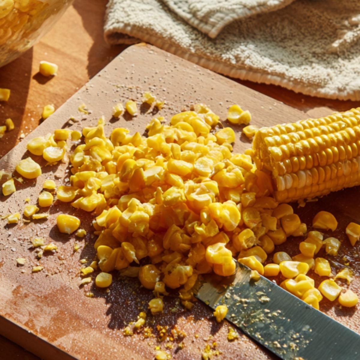 Fresh corn being sliced off the cob on a wooden cutting board in warm natural light, with loose kernels scattered around and a glass bowl of cut corn nearby.