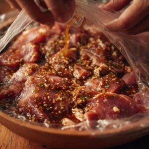 Delicious Korean BBQ pork Recipe 17 A close-up view of sliced raw pork in a plastic marinating bag, with a hand pouring glossy Korean BBQ marinade filled with sesame seeds and herbs over the meat.