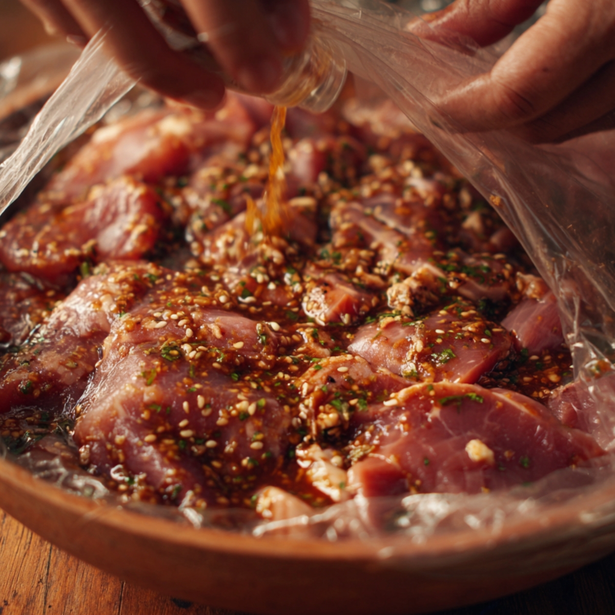Delicious Korean BBQ pork Recipe 11 A close-up view of sliced raw pork in a plastic marinating bag, with a hand pouring glossy Korean BBQ marinade filled with sesame seeds and herbs over the meat.
