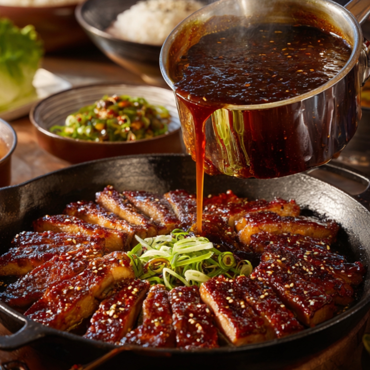 Delicious Korean BBQ pork Recipe 12 A skillet filled with grilled Korean BBQ pork slices arranged in a circle, topped with green onions, while reduced marinade is being poured over the meat. Surrounding the skillet are bowls of rice, kimchi, lettuce leaves, and Korean side dishes.