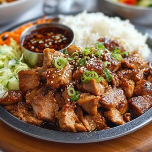 Delicious Korean BBQ pork Recipe 19 A platter of Korean BBQ pork pieces glazed in a sticky, savory marinade, garnished with green onions and sesame seeds, served with rice and vegetables.