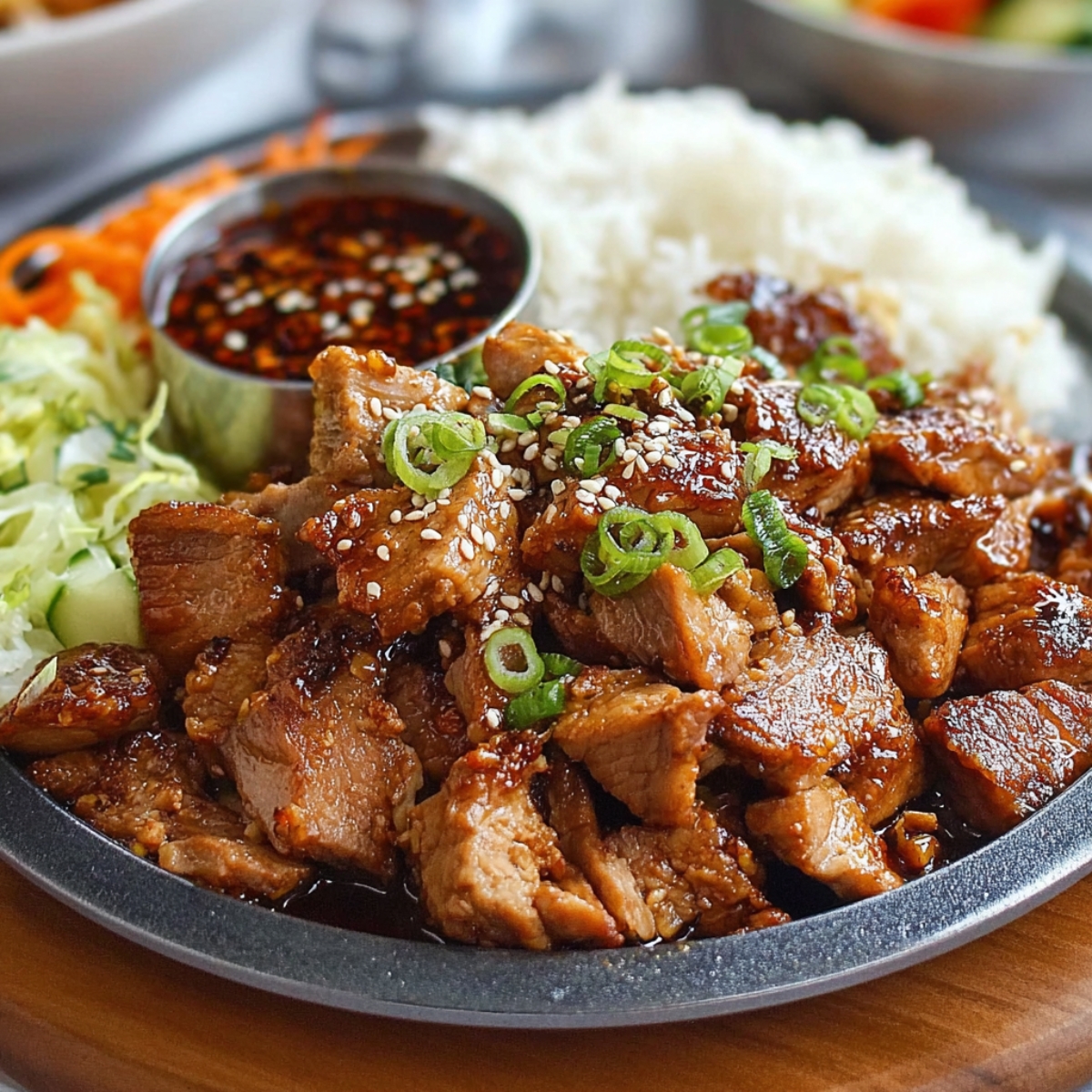 Delicious Korean BBQ pork Recipe 13 A platter of Korean BBQ pork pieces glazed in a sticky, savory marinade, garnished with green onions and sesame seeds, served with rice and vegetables.