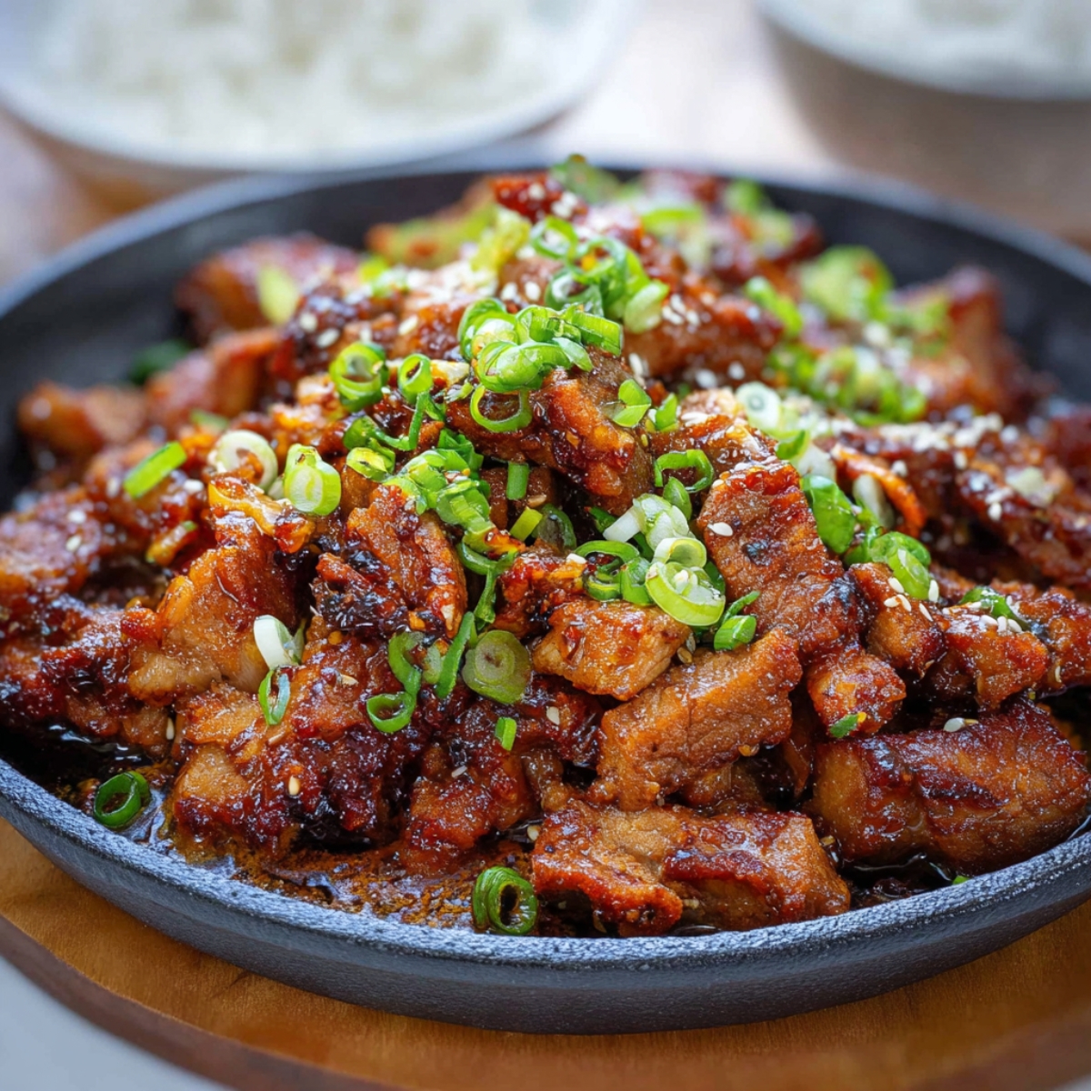 Delicious Korean BBQ pork Recipe 14 A plate of Korean BBQ pork with caramelized edges, topped with sliced green onions and sesame seeds, served alongside a bowl of steamed rice in the background.