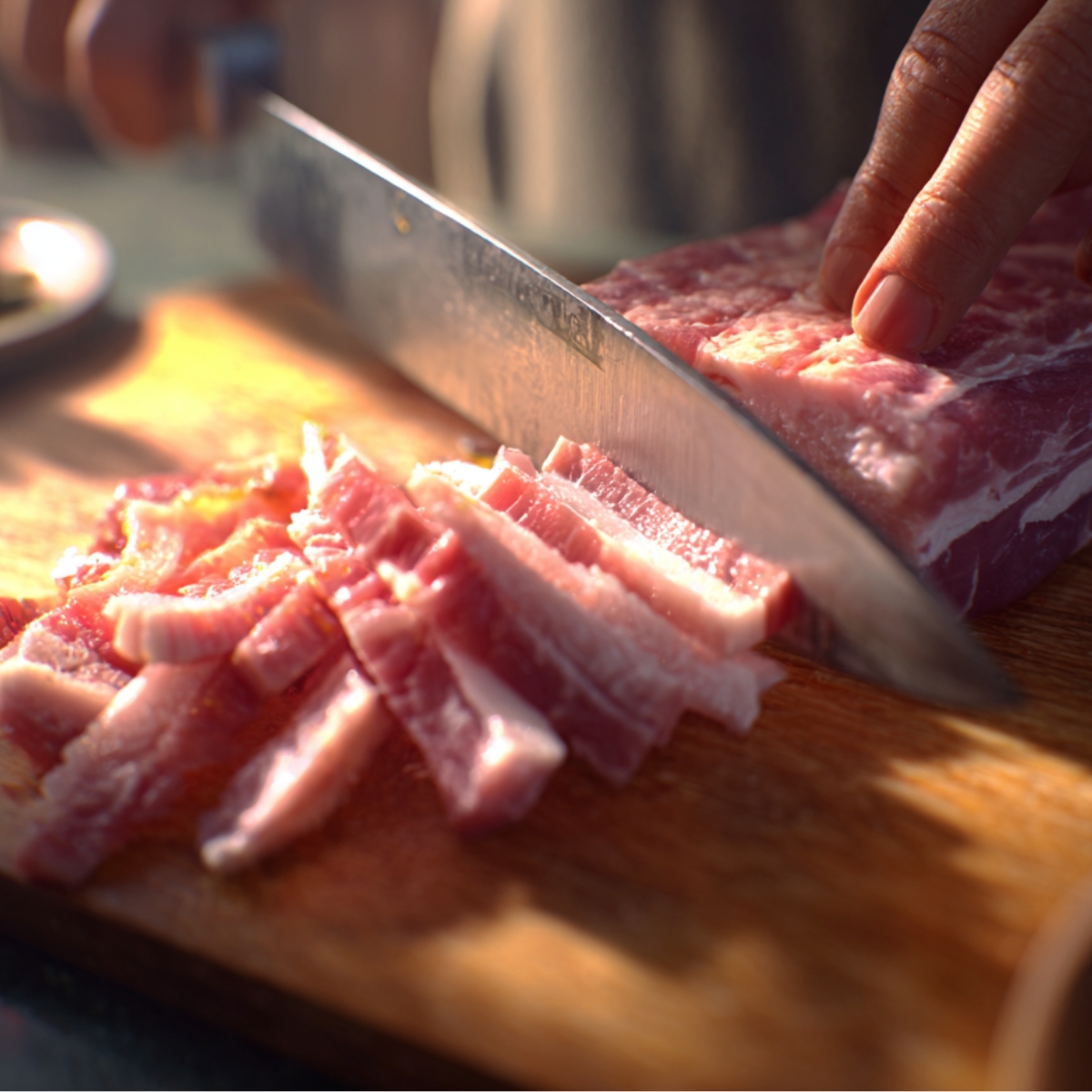 Delicious Korean BBQ pork Recipe 10 A person slicing partially frozen pork belly into thin strips on a wooden cutting board, using a sharp chef’s knife to cut against the grain.