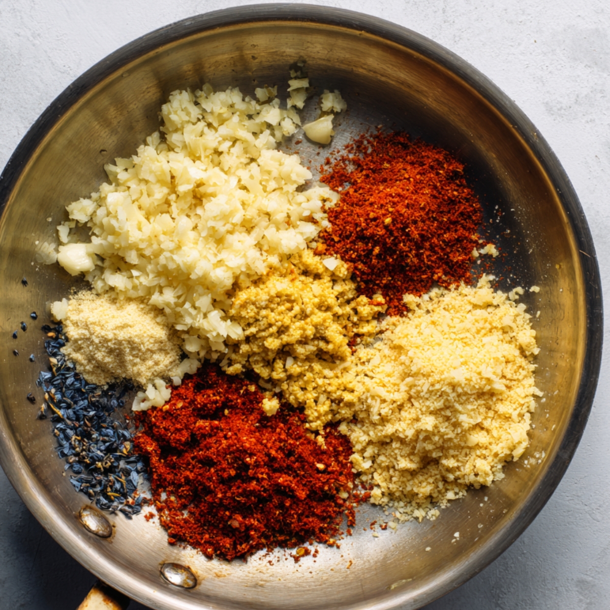 Best Spicy Coconut Curry Ramen Recipe 10 A skillet containing piles of minced garlic, grated ginger, red curry paste, turmeric, and other spices arranged in separate mounds before cooking.