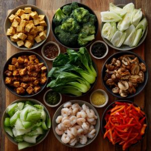 Best Spicy Coconut Curry Ramen Recipe 16 A wooden board filled with bowls of prepped ingredients: crispy tofu, seasoned tofu, broccoli florets, bok choy, mushrooms, shrimp, sliced red bell peppers, and small bowls of minced garlic, sauces, and aromatics.