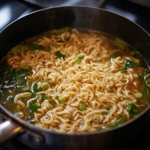 Best Spicy Coconut Curry Ramen Recipe 17 A pot of ramen noodles simmering in a flavorful broth with chopped green onions floating on top, steam rising gently from the surface.