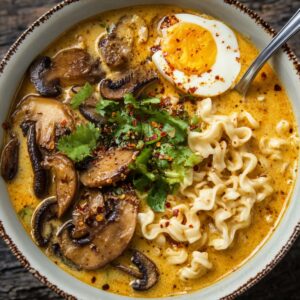 Best Spicy Coconut Curry Ramen Recipe 18 A bowl of creamy orange coconut curry ramen topped with sautéed mushrooms, fresh cilantro, sesame seeds, chili flakes, and half a soft-boiled egg.