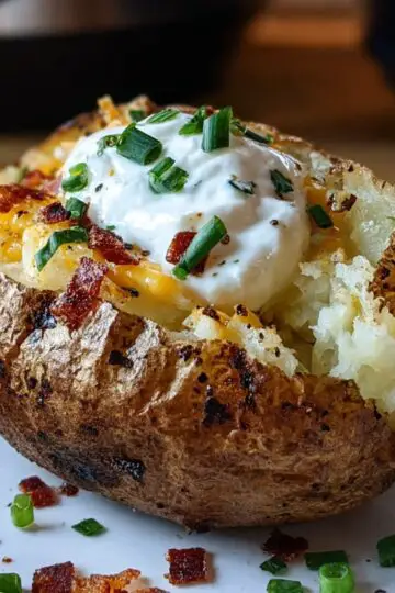 Air Fryer Baked Potato A loaded baked potato with a crispy skin, filled with fluffy potato and topped with sour cream, melted cheese, bacon bits, and chopped chives, served on a white plate with extra toppings scattered around.