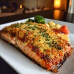 Baked Salmon Close-up of a baked salmon fillet with a crunchy herb and cheese crust, served on a plate with vegetables in the background."