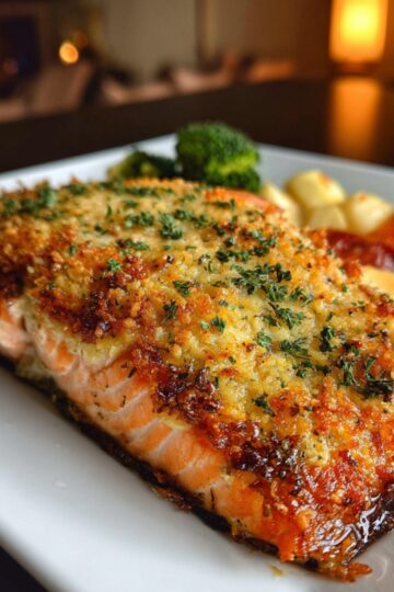 Baked Salmon Close-up of a baked salmon fillet with a crunchy herb and cheese crust, served on a plate with vegetables in the background."
