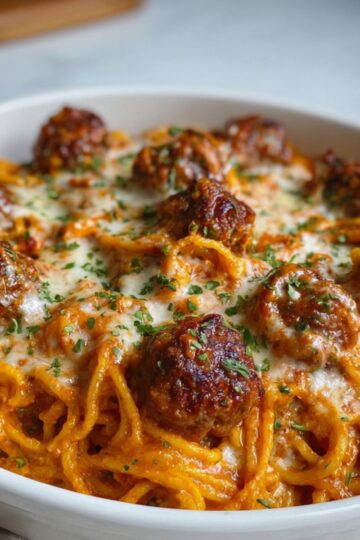 A white Baked Spaghetti And Meatballs with baked spaghetti and meatballs, topped with melted cheese and sprinkled with parsley for garnish.