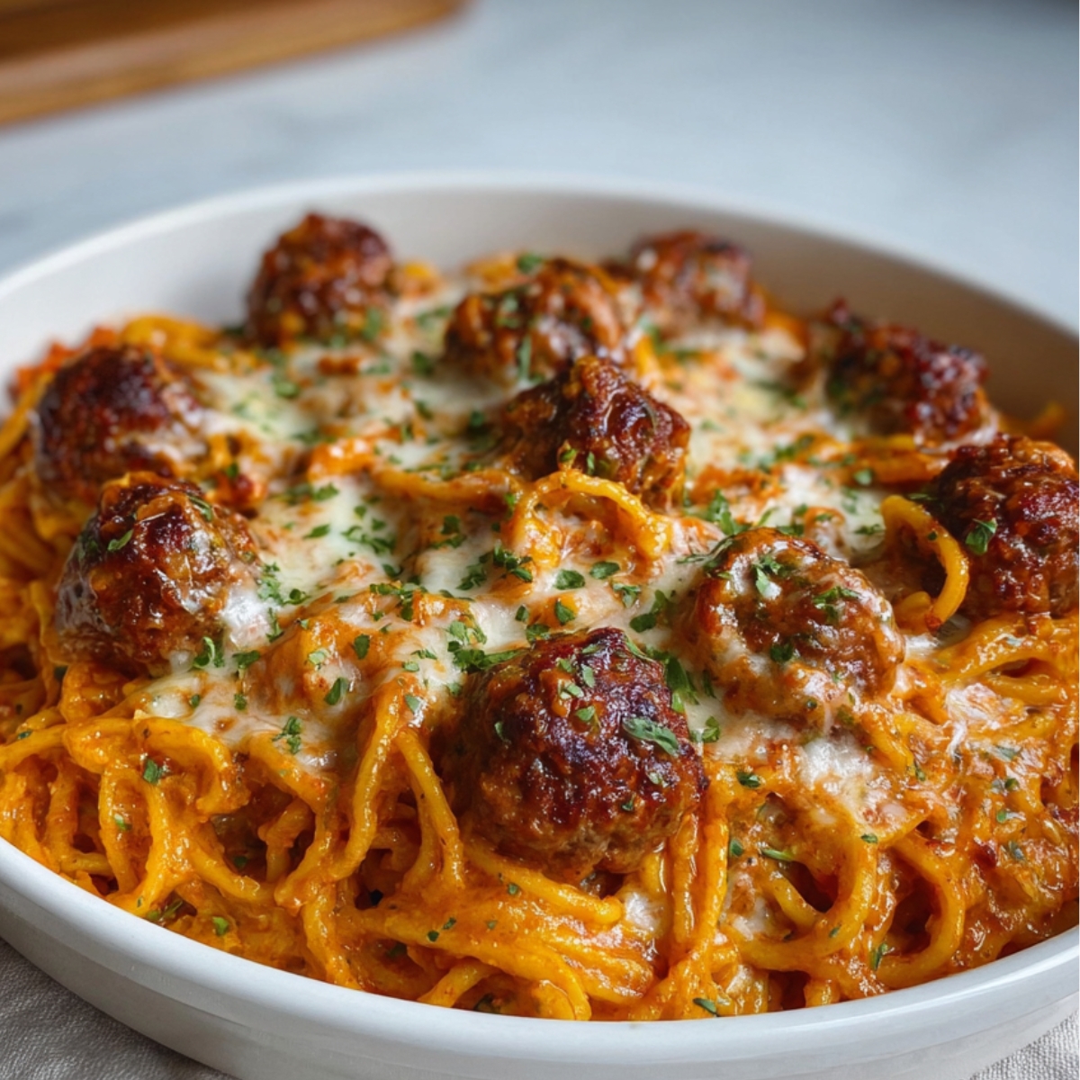 A white Baked Spaghetti And Meatballs with baked spaghetti and meatballs, topped with melted cheese and sprinkled with parsley for garnish.