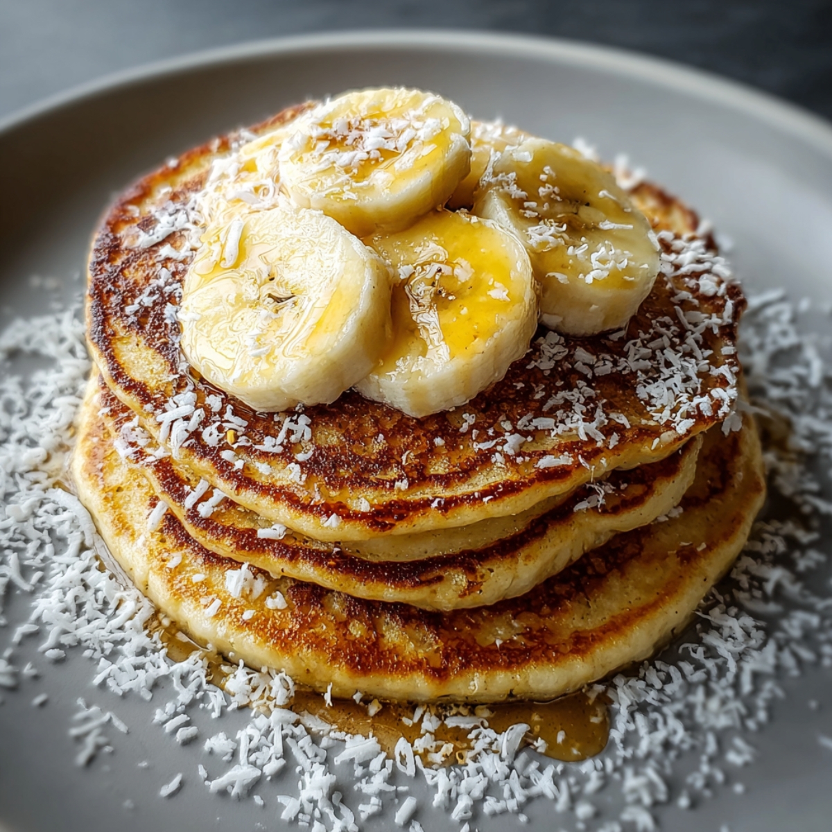 Healthy Banana Pancakes Recipe 9 Banana Pancakes Another close, mouthwatering view of a pancake stack topped with fresh banana slices and syrup. The pancakes have crisp, caramelized edges and a soft, airy interior. Shredded coconut is sprinkled generously over the plate, and the warm lighting makes the syrup glisten. The gray plate and dark background create a beautiful contrast with the golden tones.