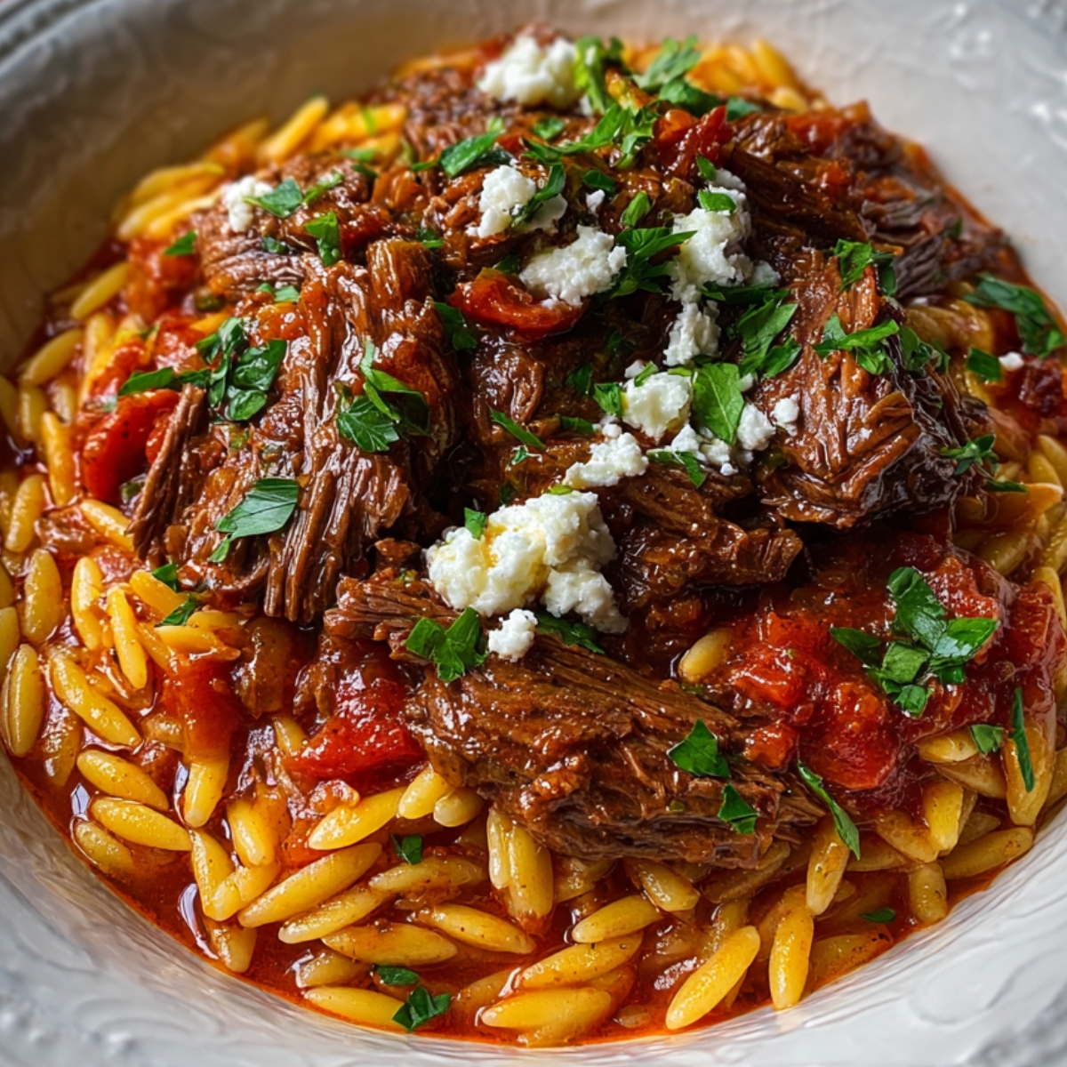 A hearty serving of Beef Giouvetsi, featuring succulent beef pieces simmered in a tomato and herb sauce with orzo pasta. The dish is garnished with fresh parsley and served in a white bowl over a wooden table. Each bite combines the deep, savory flavor of braised beef with the soft texture of perfectly cooked orzo — a comforting Mediterranean classic.