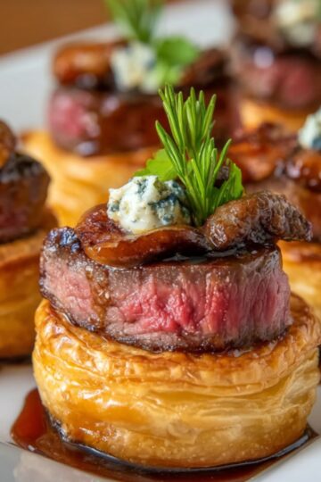 Beef Wellington Bites Close-up of a Beef Wellington bite featuring a medium-rare beef medallion on puff pastry, topped with sautéed mushrooms, blue cheese, and a sprig of rosemary.