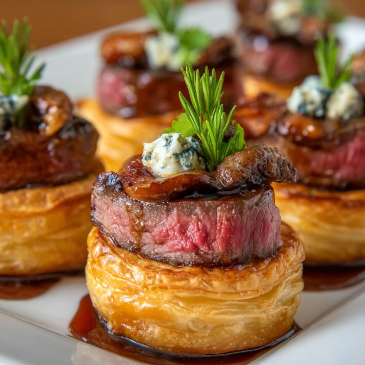 Beef Wellington Bites Close-up of a Beef Wellington bite featuring a medium-rare beef medallion on puff pastry, topped with sautéed mushrooms, blue cheese, and a sprig of rosemary.