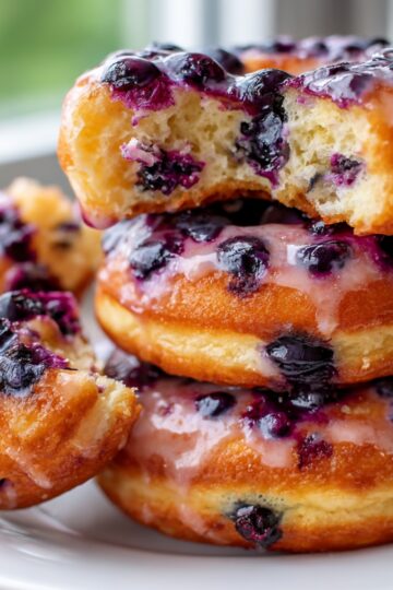 Blueberry Donuts Pile of blueberry-glazed donuts by a window, each donut filled with baked blueberries and one showing a large bite mark."