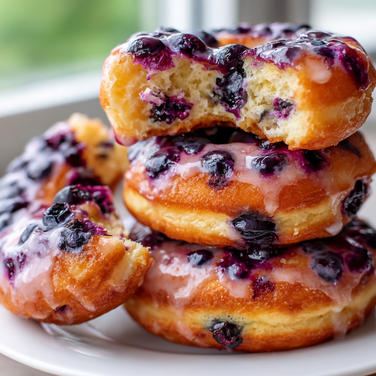Blueberry Donuts Pile of blueberry-glazed donuts by a window, each donut filled with baked blueberries and one showing a large bite mark."